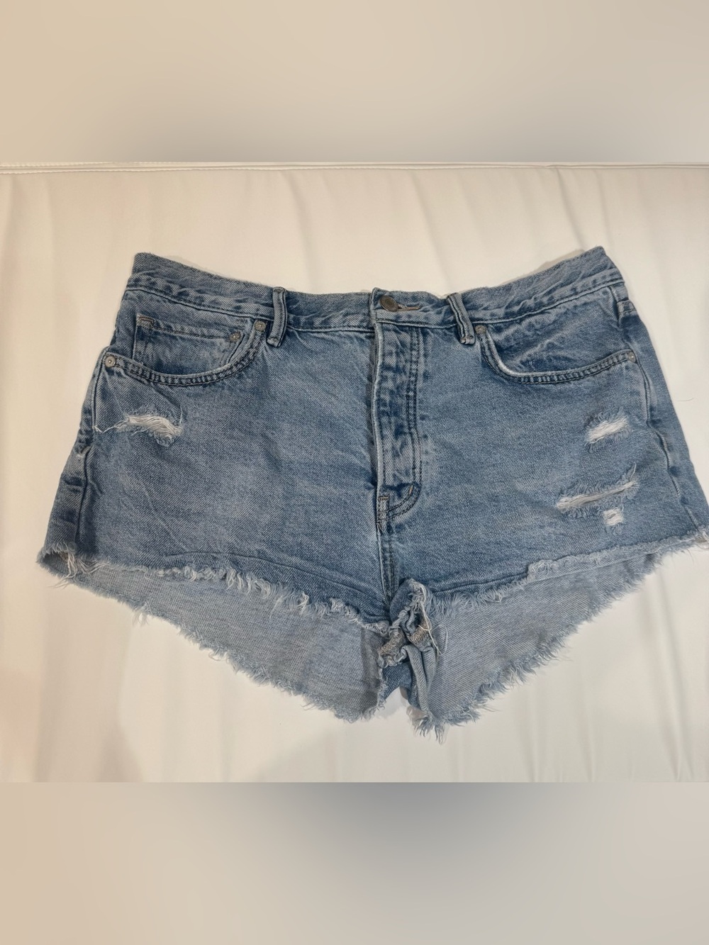 Free People We The Free Light Blue Distressed Denim Cutoff Shorts button fly